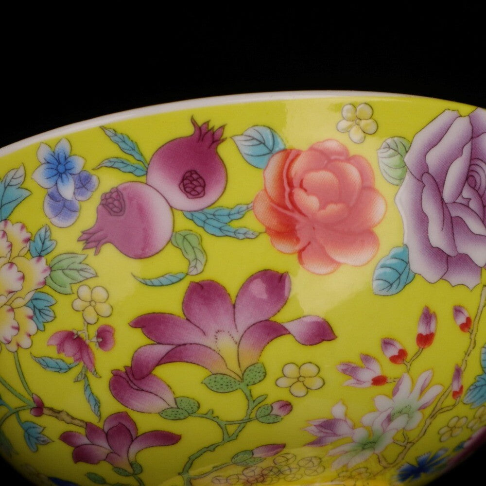 Old Chinese porcelain Yellow glaze color Painted flowers bowl Qianlong Mark a404