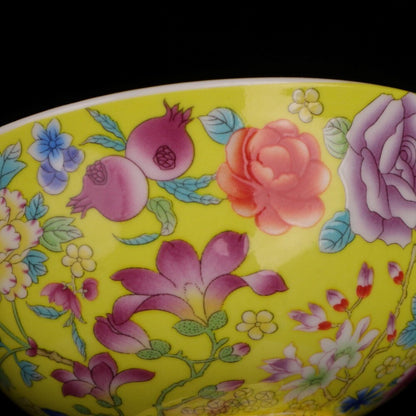 Old Chinese porcelain Yellow glaze color Painted flowers bowl Qianlong Mark a404