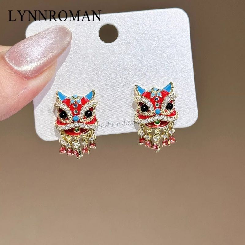 Chinese Lion Dance Enamel Stud Earrings Zircon Accents