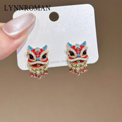 Chinese Lion Dance Enamel Stud Earrings Zircon Accents