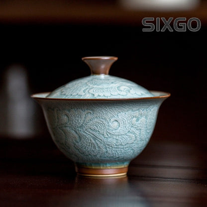 Glazed Relief Peony Gaiwan Tea Tureen Tea Cover Bowl Chinese Tea Set Craft