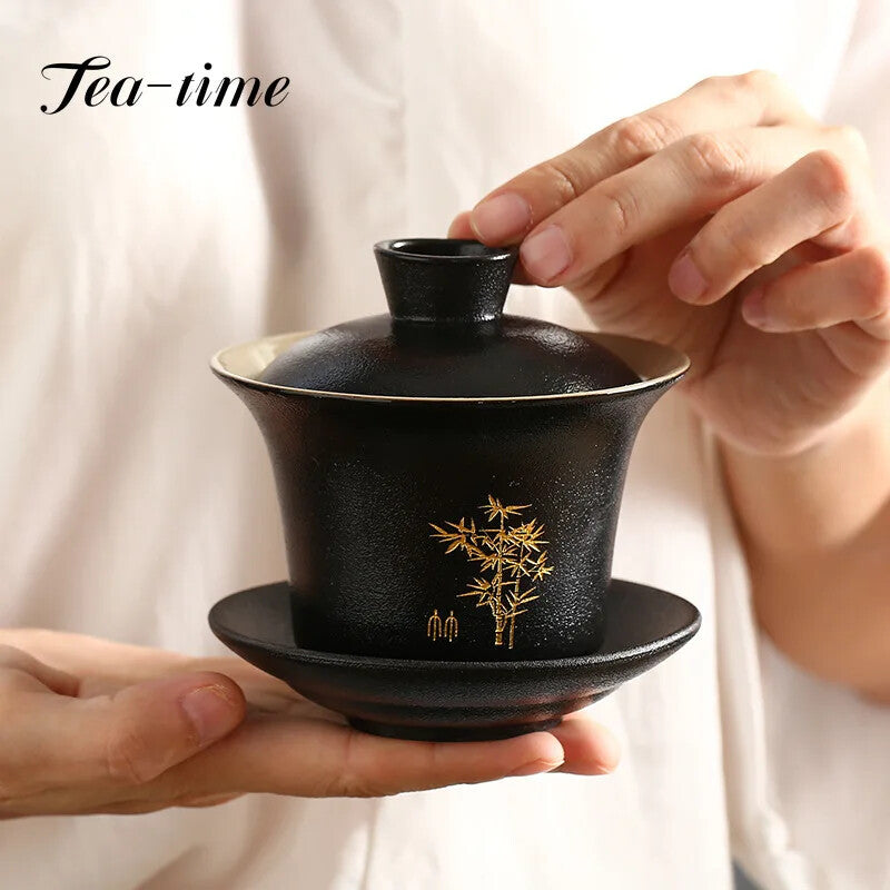 Chinese Black Pottery Ceramic Tea Tureen Retro Tea Maker Zen Cover Bowl Teacup