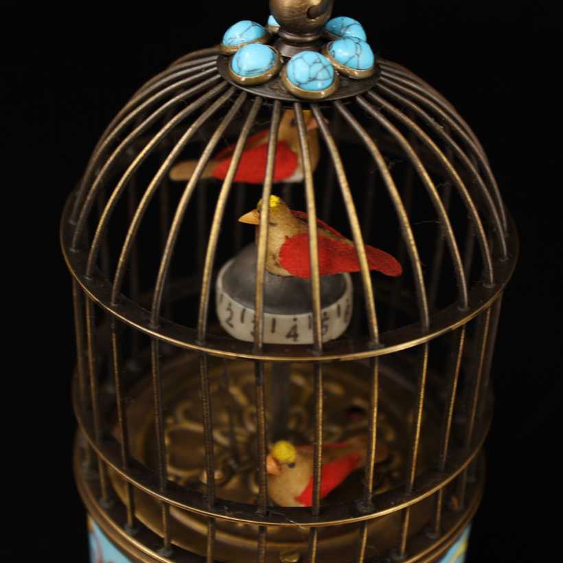 Old antique Cloisonne Enamel mosaic gem handmade bird cage Mechanical watch