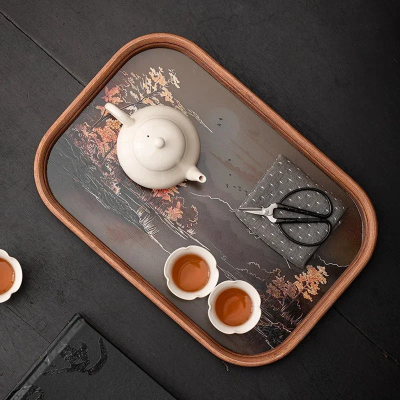Chinese Glass Bamboo Tea Tray Teapot Teacup Mat Storage Tray Pot Bearing Teaware
