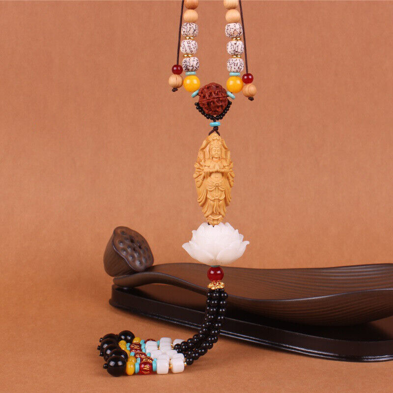 Boxwood Carved Lotus Buddha Guanyin Car Pendant Figurines Hanging Decor