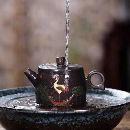 Real Yixing Zisha Black Clay Tea Pot Crane Relief Carved Handmade Tea Pot