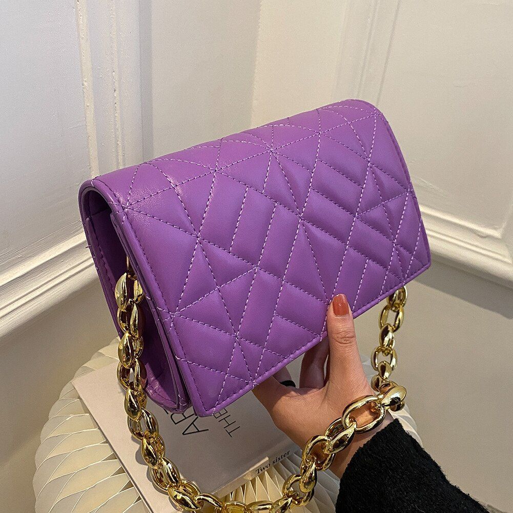Women Shoulder Bag Metal Thick Chain Quilted Purse Handbag Clutch Bag 22*14*6 CM