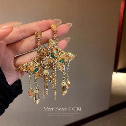 Champagne Crystal Butterfly Tassel Earrings Gold Rhinestone Dangle
