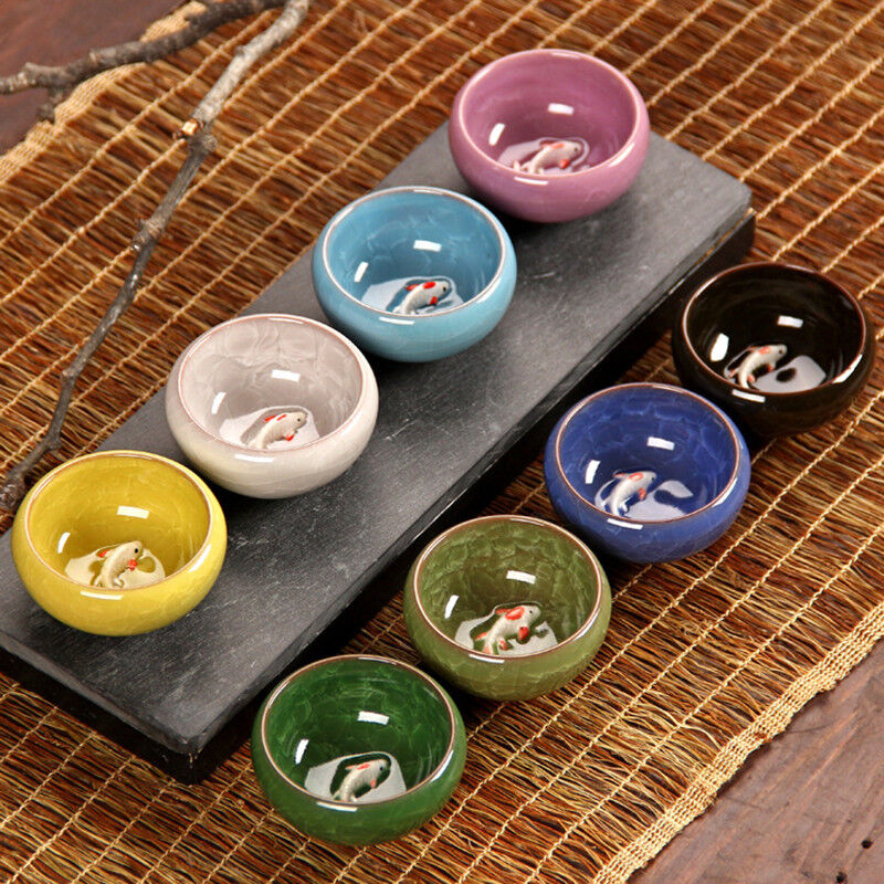 Colorful Ice-Crackle Porcelain 8 Colors Tea Cup With Fish Pattern Ceramic saucer