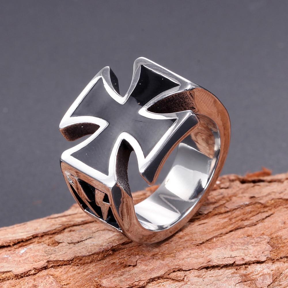 Mens Iron Cross Biker Ring Stainless Steel Mc Black Silver Size 7-12