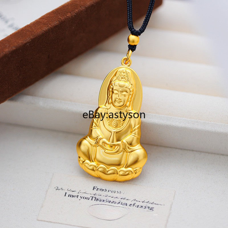 Lotus Avalokitesvara Bodhisattva 24K Yellow Gold Men Women GP Pendant
