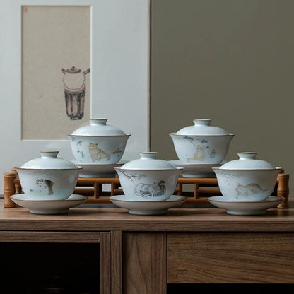 160ml Traditional Ceramic Tureen Bowl Handmade Cat Pattern Gaiwan Cup Tea Set
