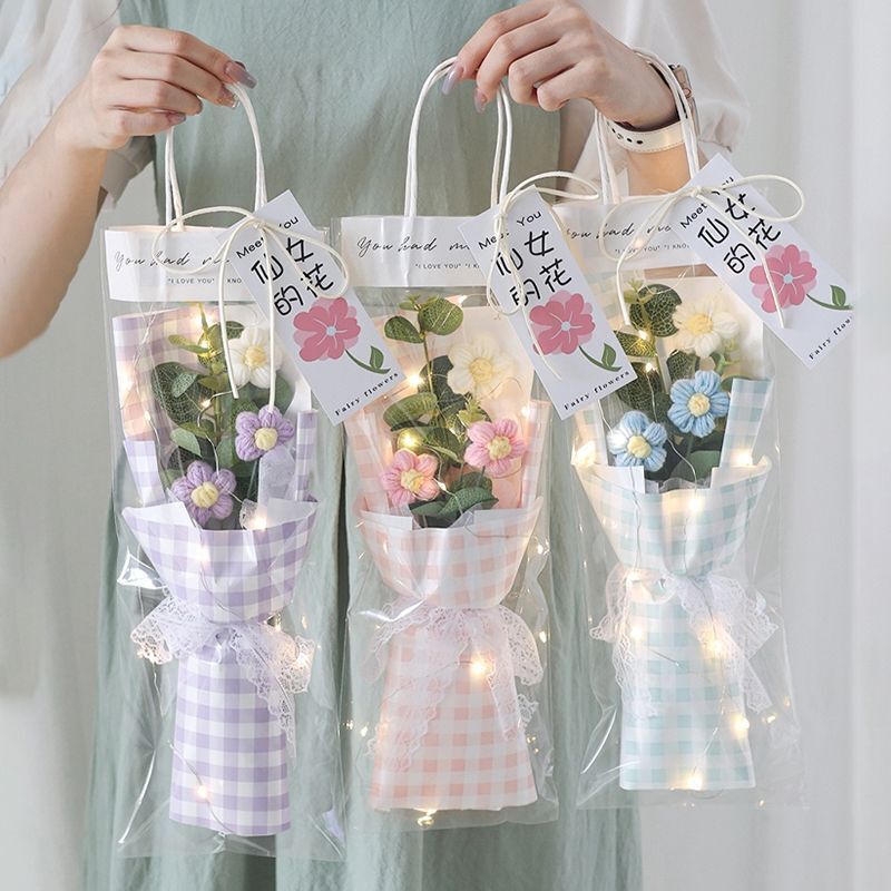 Crochet Flowers Bouquet Milk Cotton Hand-Knitted LED Light Gift Bag Floral Decor