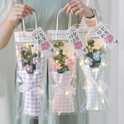 Crochet Flowers Bouquet Milk Cotton Hand-Knitted LED Light Gift Bag Floral Decor