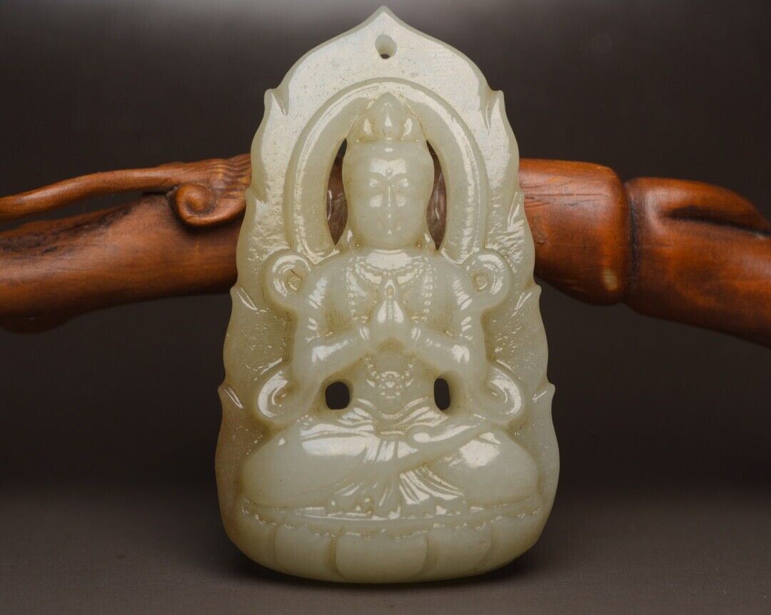 Chinese Natural Hetian Jade Carving Kuan Yin White Jade Pendant Jewelry Collect
