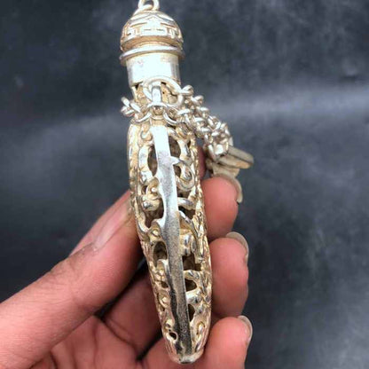 Vintage Chinese Silver Plated Copper Crane Openwork Incense Sachet Pendant