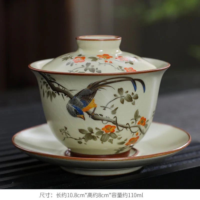Handmade Ceramic Gaiwan Chinese Teacup Hand-painted Flower Porcelain Tea Cup