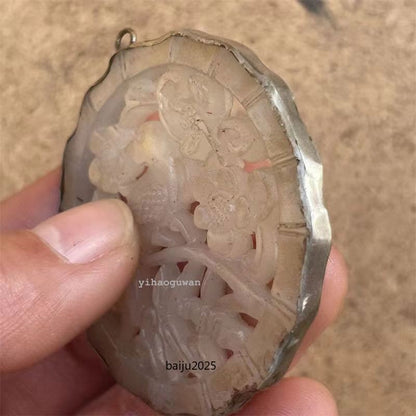 Chinese antique high-end jade carving with copper border necklace pendant