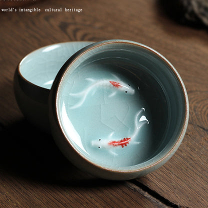 Longquan Porcelain Tea Cup Double Fish Set Marked Cup 55ml Longquan Celadon Cup