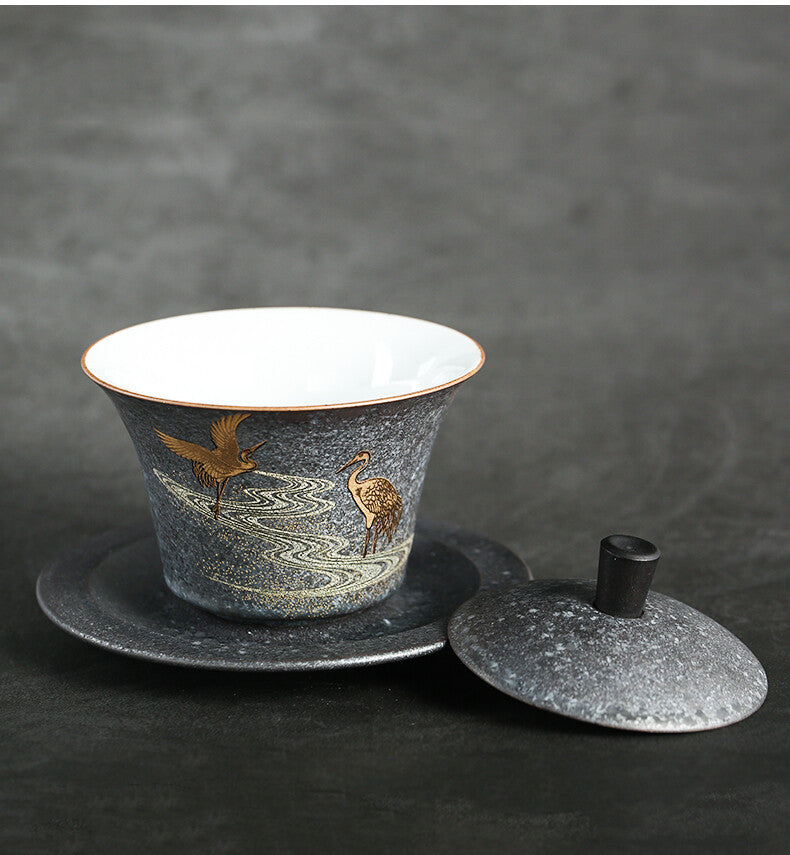 Antique Style Porcelain Gaiwan Handmade Crane Relief Tureen Cup Set Saucer