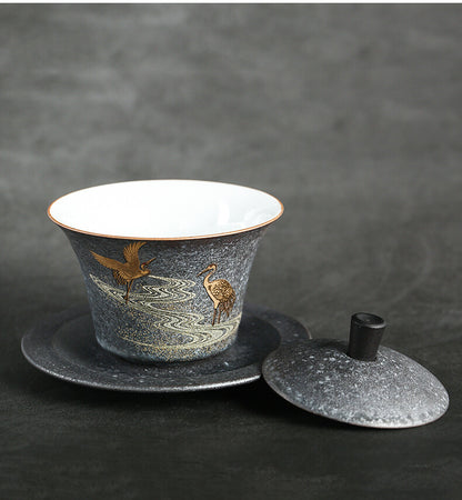 Antique Style Porcelain Gaiwan Handmade Crane Relief Tureen Cup Set Saucer