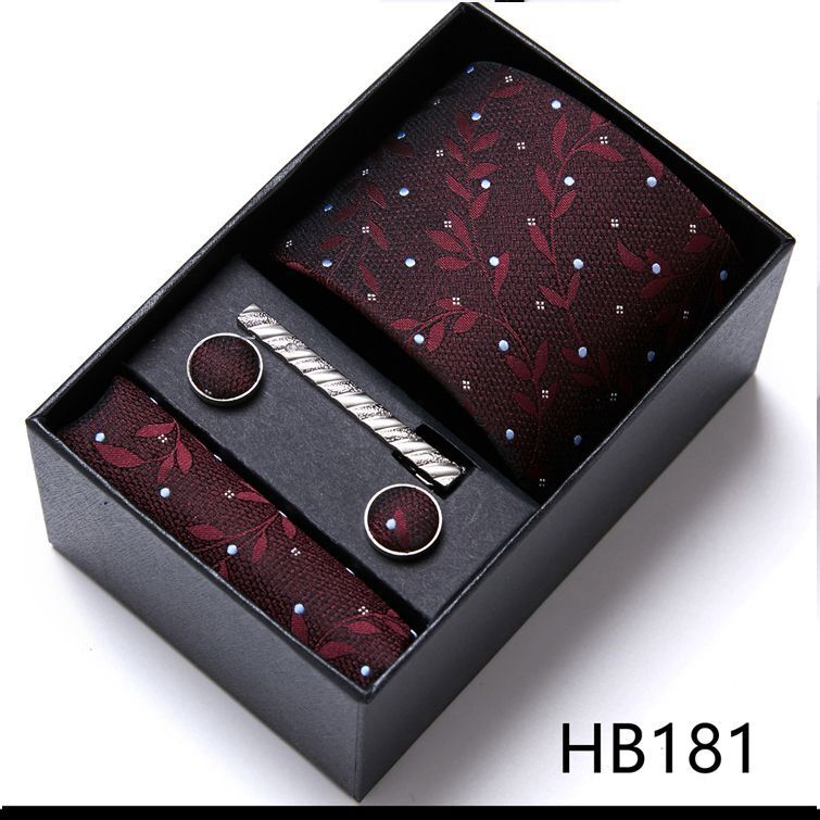 Men Neckties 5Pcs Business Ties Hanky Cufflink Set Clips Corbatas Gift Box 7.5cm