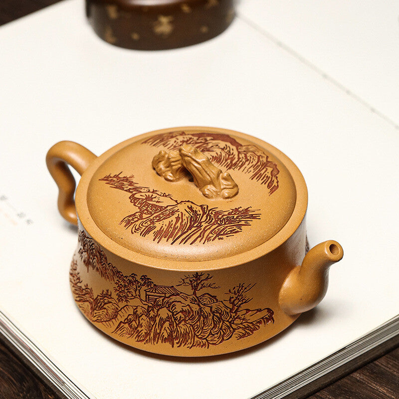 Chinese Teapot Marked Handmade Mountain Carved Master Pot Zen Style Yixing Zisha