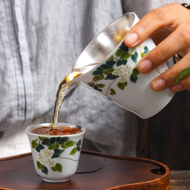 Health Care Pure Silver Tea Set Porcelain Flower Relief Honeysuckle Gaiwan Cups