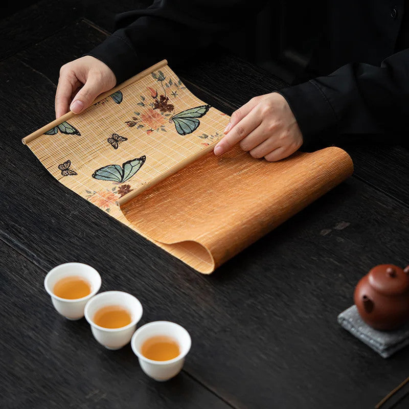 50cm Bamboo Woven Table Decorative Heat Insulation Mat Butterfly Print Tea Mat
