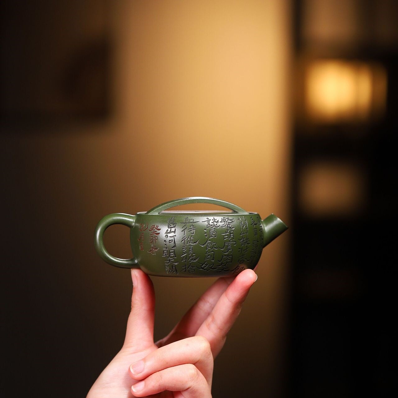 Yixing Zisha Green Clay Tea Pot Carved Character Handmade Large Caliber Teapot