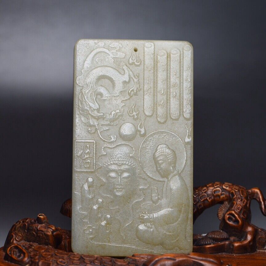 Chinese Natural Hetian Jade Carving Buddha Statue Dragon Good Luck Pendant Rare