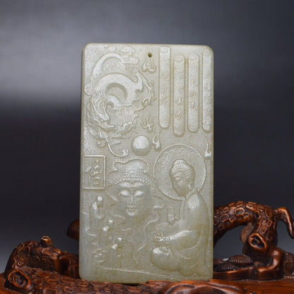 Chinese Natural Hetian Jade Carving Buddha Statue Dragon Good Luck Pendant Rare