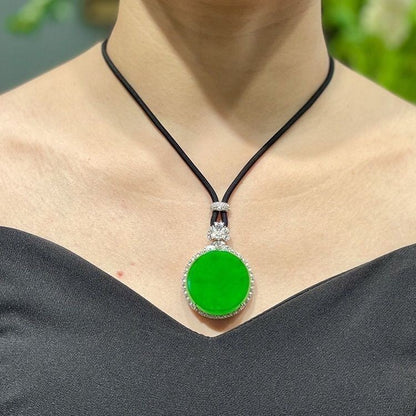 Myanmar Jade Imperial Green Round Disc Inlay Peace Amulet Pendant Necklace