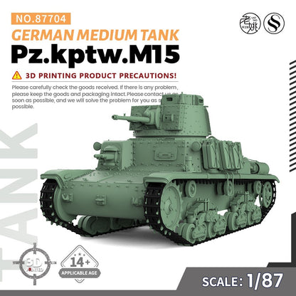 SSMODEL 1/87 HO Scale Railway Military Model Kit German Pz.kptw.M15 Medium Tank