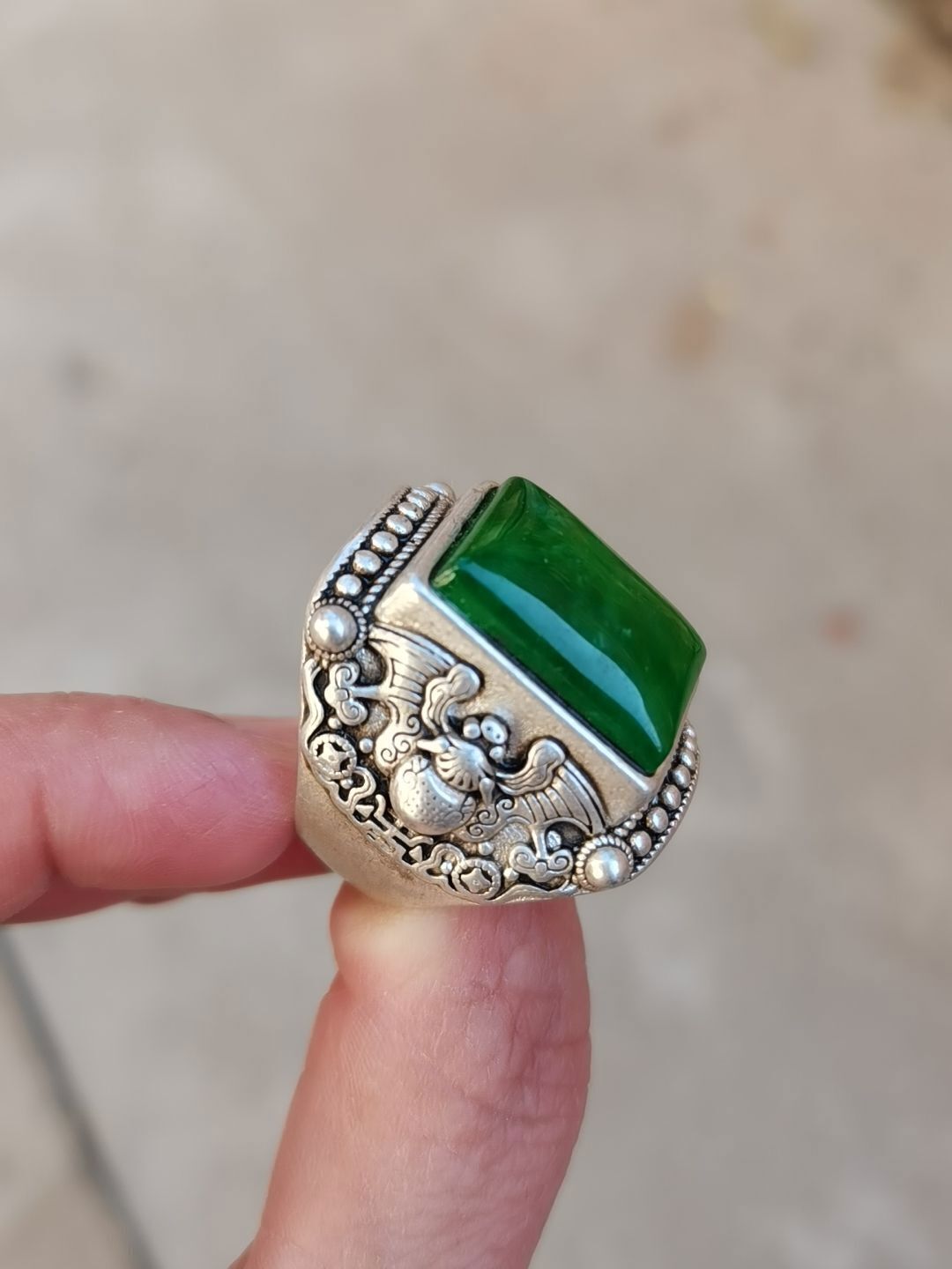 Asian old miao silver hand cast cool statue ring jewel gift