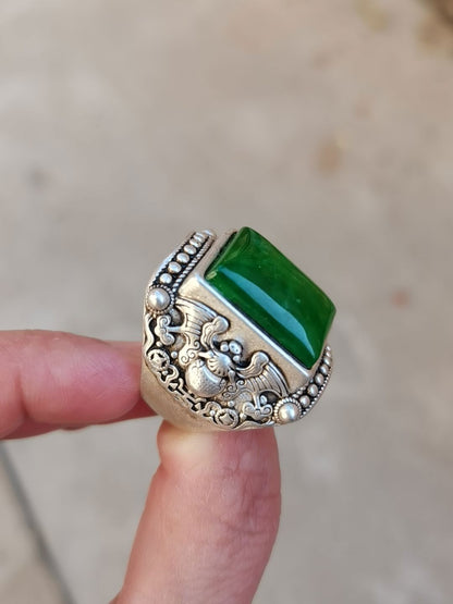 Asian old miao silver hand cast cool statue ring jewel gift