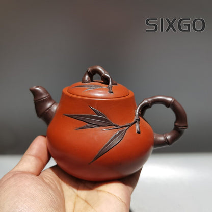 5.5" Yixing Zisha Pottery Red Clay 260CC Hand Made Bamboo Folia Bambosae Teapot