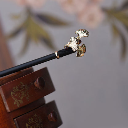 Chinese Ebony Wood Jade Garnet Ginkgo Leaf Hairpin Tibetan Hair Clip