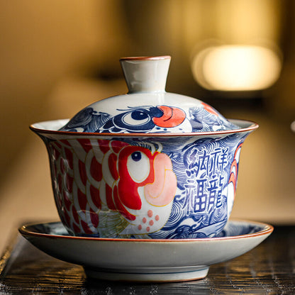 Blue and White Fish Bowl Tea Cup Tea Bowl with Cover Ceramic Home Tea Tea Set