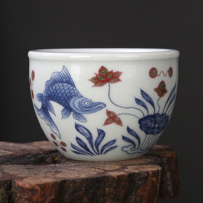 2.7" Chinese Blue-and-white Porcelain Red Glaze Lotus Pond Animal Fish Cup