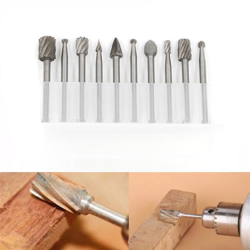 10Pcs 3mm Shank HSS Rotary Burr File Rasp Drill Bits Set For Wood Stone Carving
