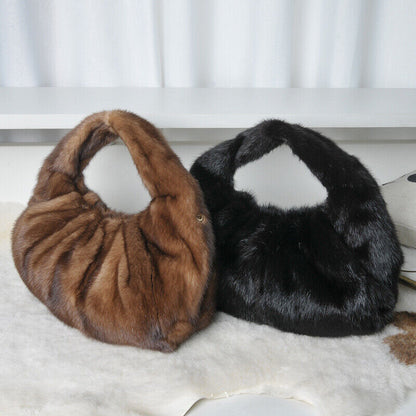 Luxury Womens Full-pelt Mink Handbag Genuine Leather Strap Solid Crossbody Bag