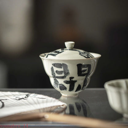 Plant Gray Ceramic Tea Tureen Handwritten Art Gourd Cover Bowl Gaiwan