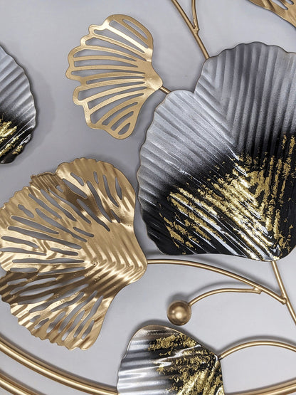 3-Foot Ginkgo Leaves in Gold Circles Hanging Iron 3D Wall Decoration (38" x 23")