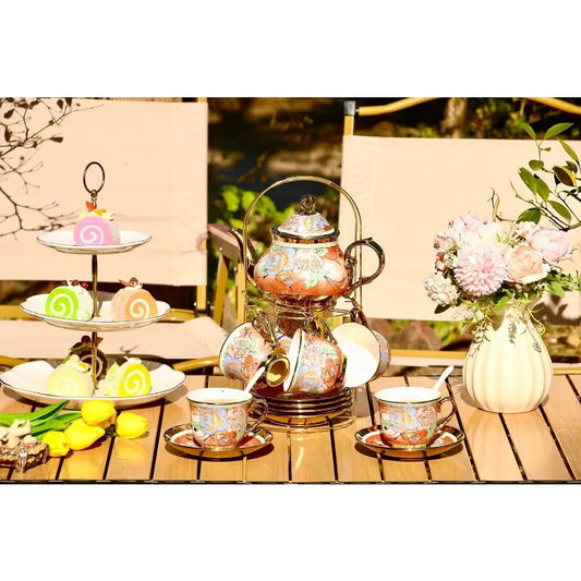 20 Pieces Porcelain Tea Set Metal Holder, European Ceramic Flower Tea Set