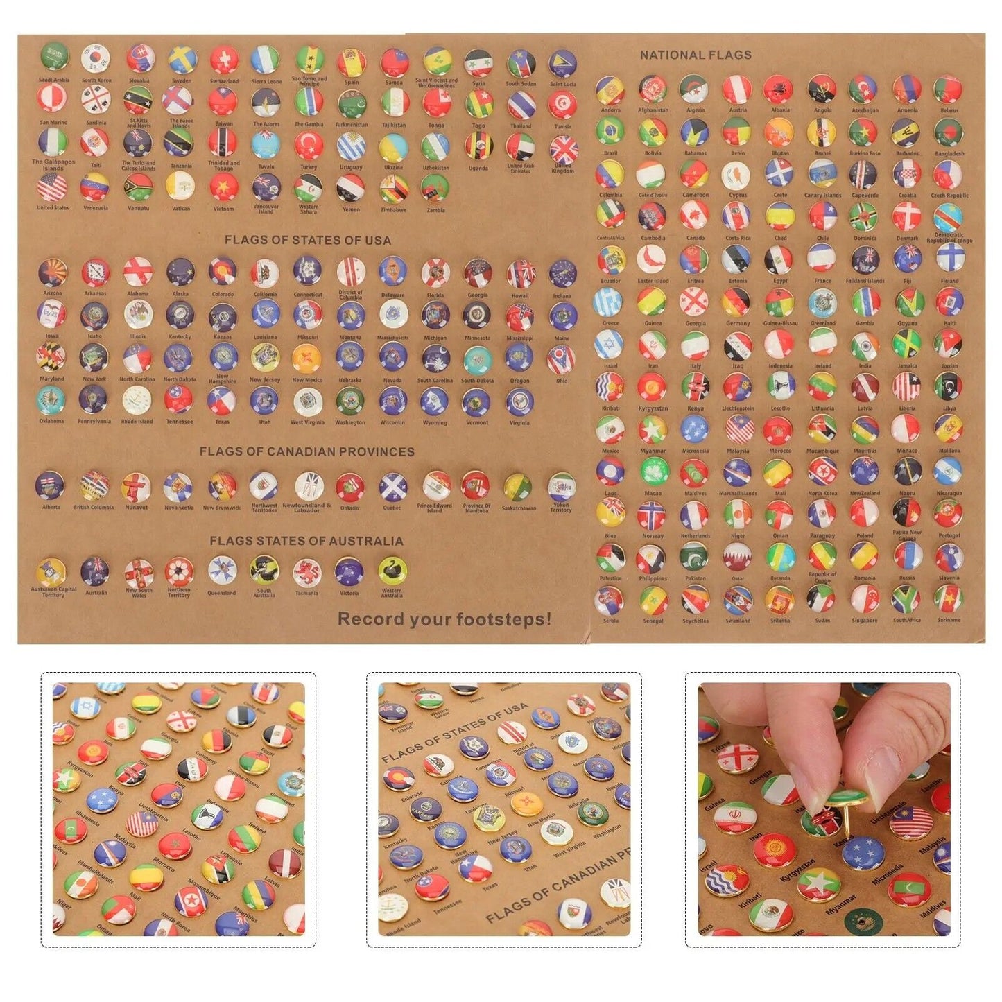 Bulletin Board Thumbtacks 218Pcs National Flag Country Map Pushpin Travel Marker