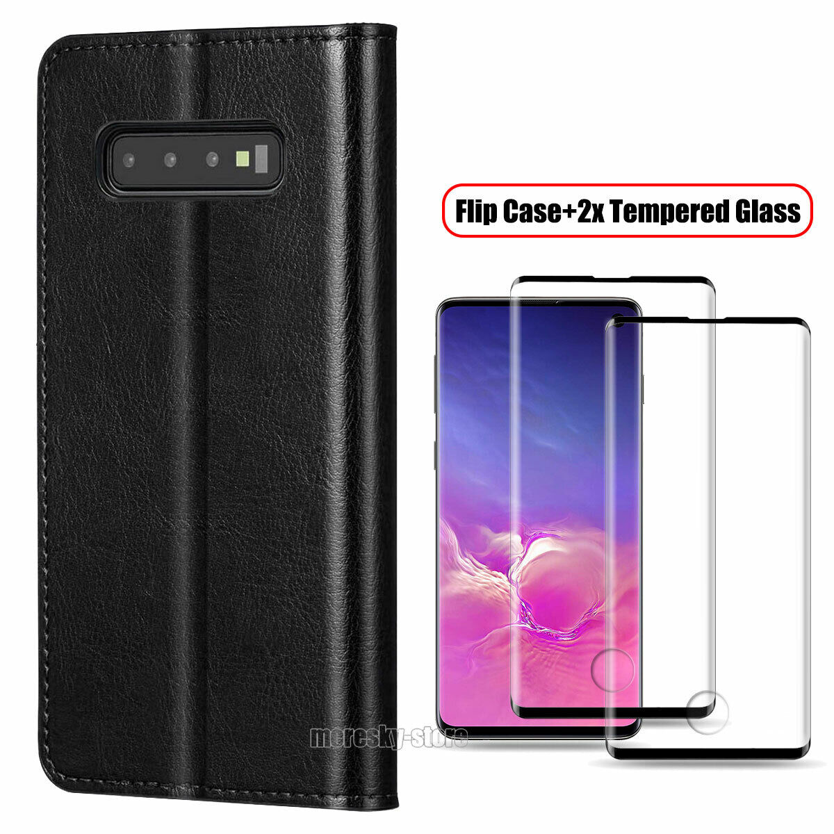 For Samsung Galaxy S10 Plus/S10e Case, Shockproof Leather Cover + Tempered Glass