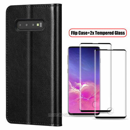 For Samsung Galaxy S10 Plus/S10e Case, Shockproof Leather Cover + Tempered Glass