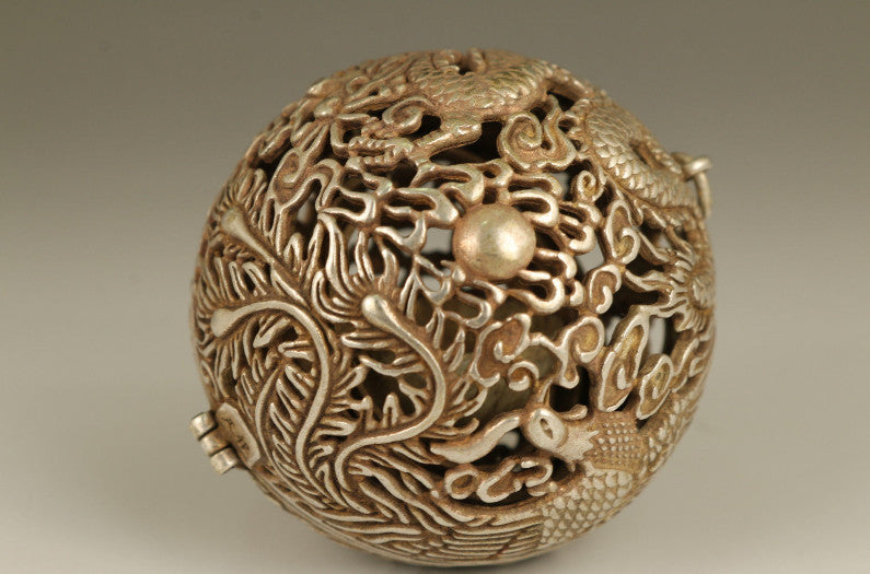 Old Tibet Silver Copper Hand Carved Dragon Phoenix Statue Incense Burner Buddha