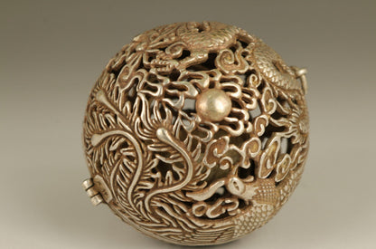 Old Tibet Silver Copper Hand Carved Dragon Phoenix Statue Incense Burner Buddha